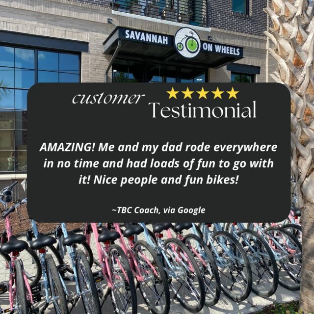 We are in the business of helping people make memories and our customers are the heart of our business! ♥️ Thank you for choosing us!

Drop your bags, grab your bikes, explore! 🚲

Savannah On Wheels • Bicycle Rentals • Bicycle Tours • Bicycle Sales • Bicycle Repairs •

#savannah #savannahgeorgia #savannahgeorgia🍑 #savannahga #visitsav #visitsavannah #exploregeorgia #georgiaonmymind #thingstodoinsavannah #savannahwedding #savannahweddings #savannahbachelorette #shopsmall #shopsmallbusiness #shoplocal #shoplocalsavannah #biketour #dropyourbagsgrabyourbikesexplore #customerservice #customertestimonial #springbreak #familyfun #family #familytrip #familygoals #familytravel #familytime